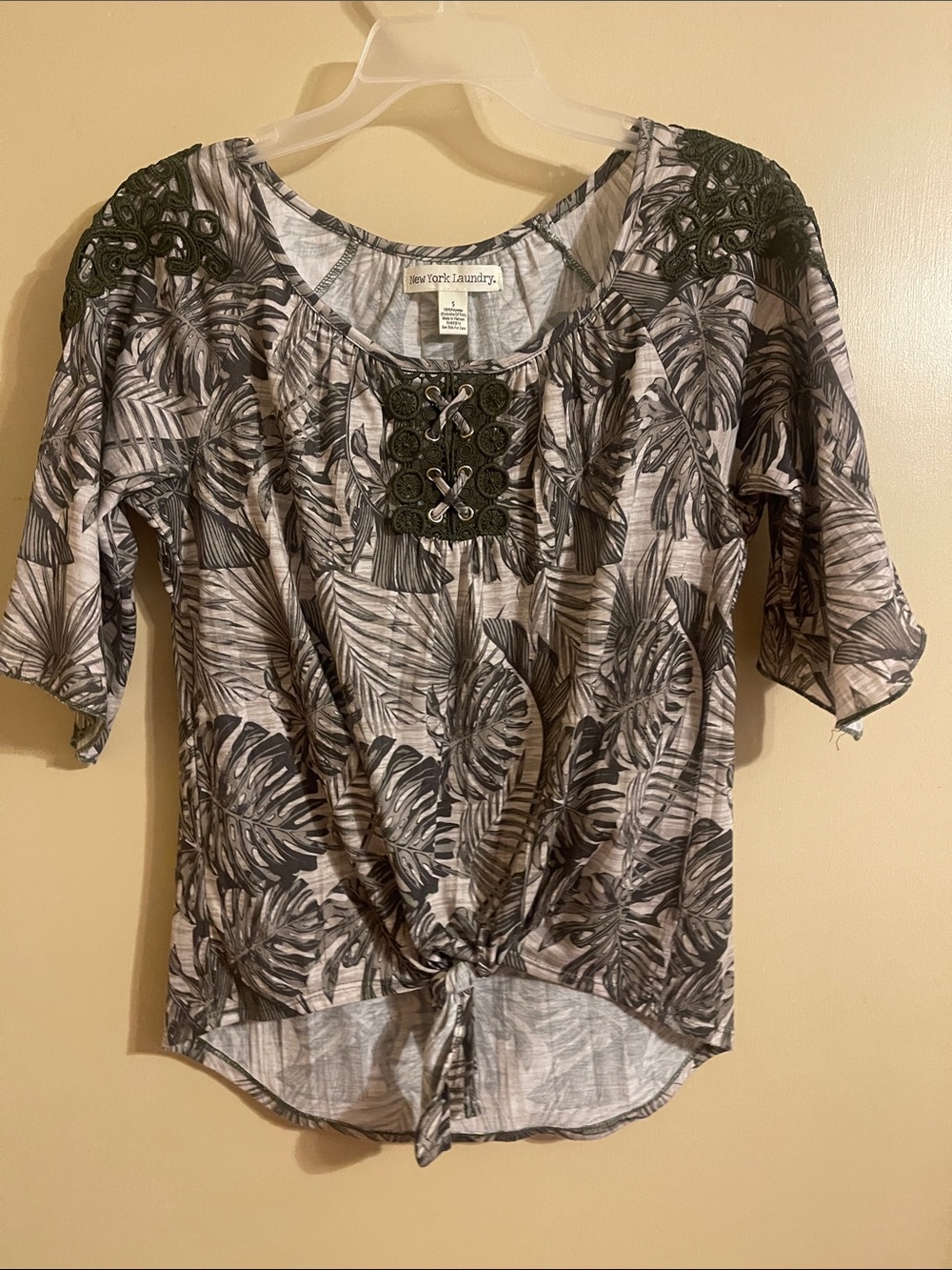 New York & Company Olive and Gray Tropical Lace-Up Blouse